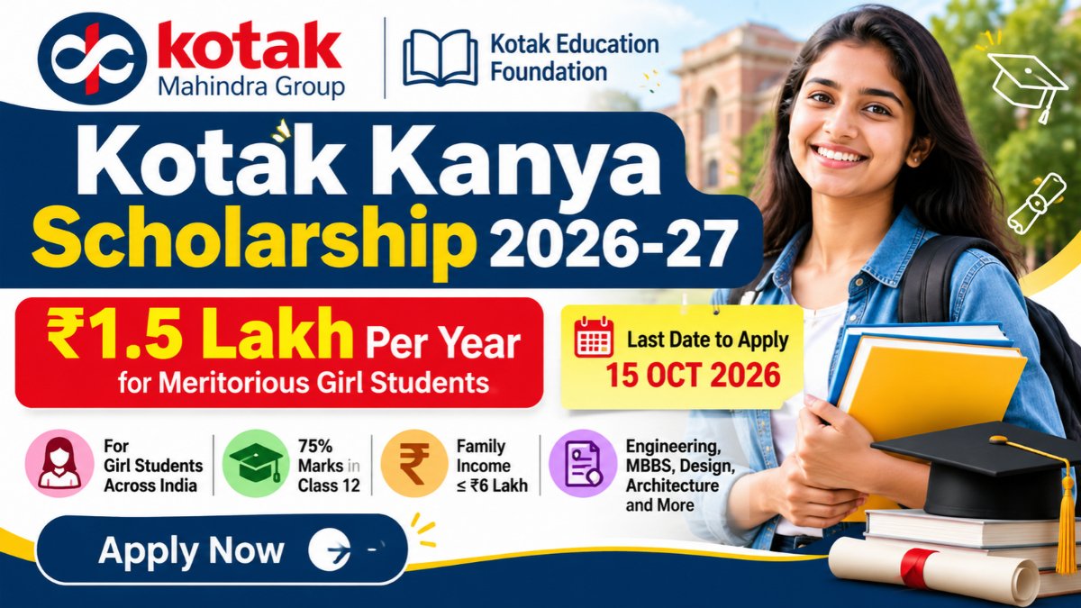 Latest Government Jobs & Recruitment Notifications 11 Kotak Kanya Scholarship 2026-27 offering ₹1.5 lakh per year for eligible girl students