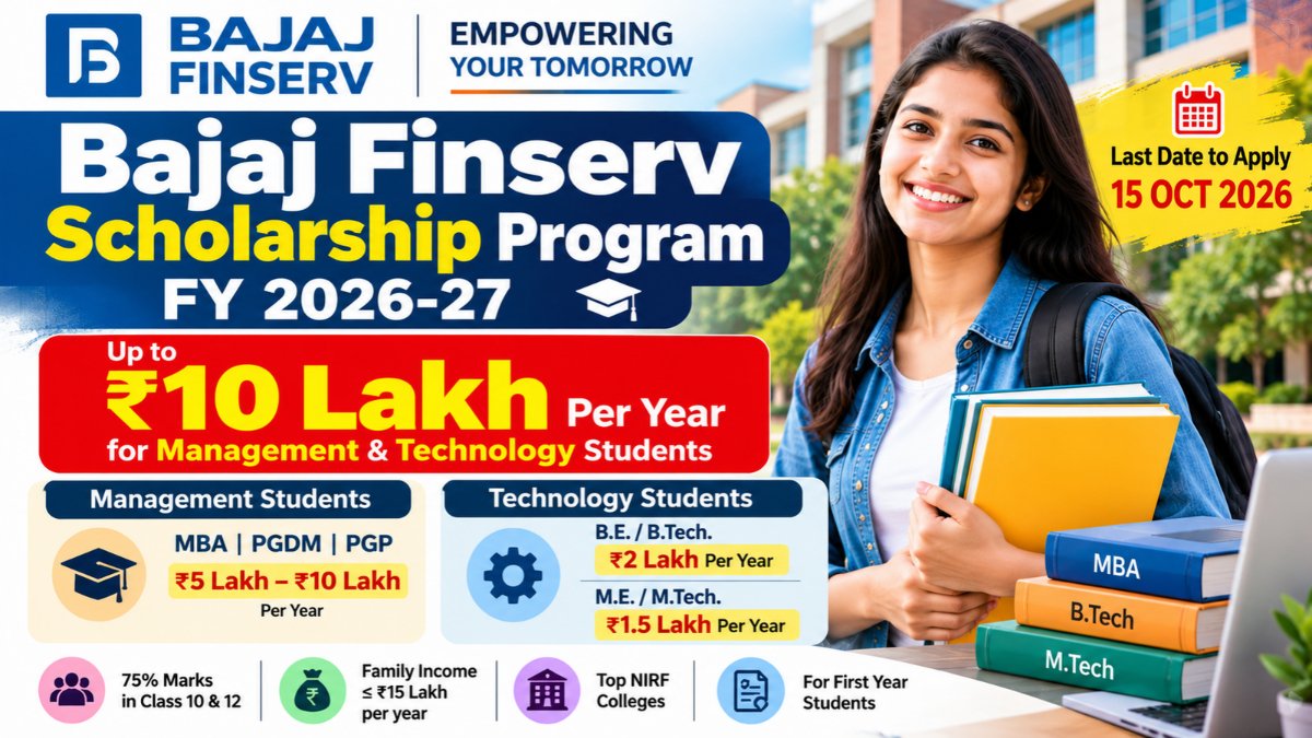 Latest Government Jobs & Recruitment Notifications 9 Bajaj Finserv Scholarship 2026-27 for eligible Management and Technology students